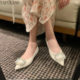 Rhinestone Square Buckle Decor Chunky Heeled Pumps 2023 New Party Wedding Shoes Fashion Pointed Toe Low Heel High