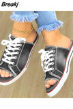 Women Canvas Sandals Breathable Summer Slippers Lace Up Open Toe Ladies Faux Denim Flat Shoes Zapatos Mujer