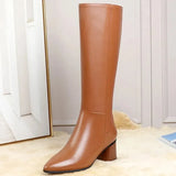for Woman Long Winter Knee High Shaft Footwear Leather Women's Boots Fur Brown Pointed Toe Chic and Elegant Fashion