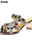 New 2023 Rhinestone Slippers Ladies Chunky Heels Hollow Casual Slippers Fashion Beach Shoes Woman Sandalias De