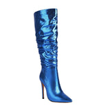 Women Stiletto Pleated Boots Knee High Gold Silver Blue Mirror Boots Sexy Pointed High Heels Pleaser Shoes Carnival