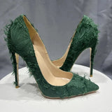 Green Tassel Distressed Fabric Stiletto High Heels Designer Chic Ladies Sexy Pumps Pointy Toe Dress Shoes Plus