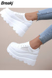 New White Wedge Strap Shoes Platform Breathable Hollow Shoes Thick Sole Large High Heels Women's Shoes Heels