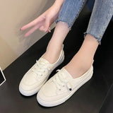 Women's Casual Shoes Solid Lace Up Sneakers PU Leather Vulcanized Shoes Ladies Lightweight Soft Sole Flat Shoes Slip on