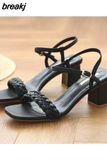 Women Sandals Female Square High Heels Pu Open Toe Lady New Summer Shoes Solid Soft Comfort Buckle