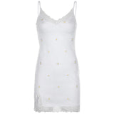 90s Print Embroidery Lace Sexy Bodycon Dress Split Summer Mini Dresses Ladies Embroidery Sleeveless Short