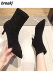 Luxury Women Black Flock Sock Boots Stiletto Thin High Heels Elastic knitting Boots Winter Stretch Fabric Ankle