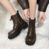 Autumn Winter Platform Ankle Boots Women Thick Sole Pu Leather Biker Boots Woman 2023 Short Plush Lace-Up Shoes