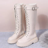 New Thicken Winter Knight Boots Women Knee High Long Square Heel Boots Retro Thick Motorcycle Boots Black White Botas