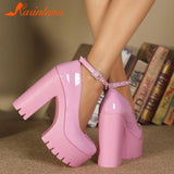 Platform Chunky Heeled Ankle Strap Pumps Sweet Woman Wedding Shoes 2023 Spring Summer Fall Office Lady Comfy