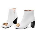 and American Style Cowhide Material Metal Decorative Booties Square Head Zip Closure Fashion Size 43 Women