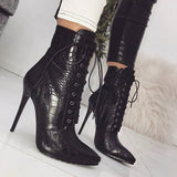 grain Ankle Boots For Women High heels Fashion Pointed toe Ladies Sexy shoes 2023 New Lace-Up