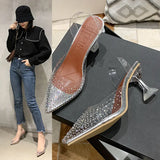 Women 2023 New Transparent Rhinestone Low Heel High Heel Fashion Sandals Large Size Women's