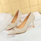 Breakj Korean Version Elegant Banquet Heels Slim Mouth Pointed Bow Women's Single