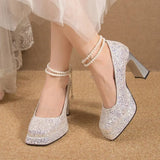 2023 Luxury Glitter Sequins Pumps Women Pearls Strap Bling Wedding Party Shoes Woman Square Toe High Heels Shoes