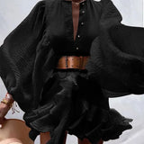 Early Autumn Women New O Neck Lantern Sleeves Dress Casual Solid Color Thin Ruffled Dresses Office Lady Party