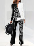 Spring Women Fashion Splicing Two Piece Sets Elegant Pullover Tops + Wide Leg Trousers Suits Popular Leopard Print Lady
