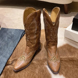 Rivet Cowboy Boots for Women Wide Mid Calf Embroidered Western Boots Woman Slip On Thick Heels PU Leather Botas Mujer