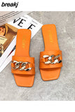 Size 35-43 Flat Leopard Women'S Slippers New European American Metal Chain Square Toe Flat Shoes Women'S Sandals