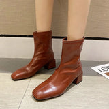 Solid Ankle Boots for Women Casual Block Heels Waterproof Boots Women Soft Leather Women's Ankle Boots Short Shoes