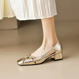Breakj Vintage Silver Shallow Mouth Sandals Women's Low Heel Summer 2023 New Style Elegant Soft Leather Square Head Thick Heel Mary Jane