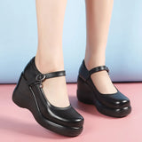 Breakj Head 8CM High-Slope And Waterproof Table Single Shoe Round Head Buckle Loose Cake Thick-Soled Mother Shoes Flat Bottom Shallow Women's