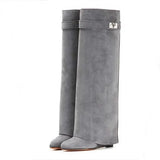 Lock Folded Woman Wedge Boots Black Leather Belt Height Increasing Knee High Boots Pointed Toe Winter Long Boots