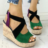 Large Size Beige Heeled Sandals Velvet Shoes Cross-Shoes Clogs Wedge 2024 Summer Espadrilles Platform Big Black High