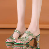 2023 Summer Korean Rhinestone Slippers Women Wear Thick Heel With One-Flops Large Size