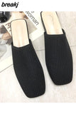 Women Mules Slippers Women Summer Flats Sandals Knit Fabric Stretch Slides Holiday Beach Shoes Square Heel Square Toe