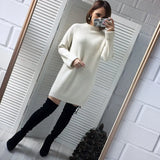 Winter Solid Knitted Cotton Sweater Dresses Women Fashion Loose O-neck Pullover Female Knitted Dress Vestidos