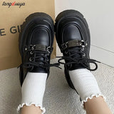 Spring Fashion Thick Soled Oxford Shoes Women's Slip-on Lace Up Loafers shoes Women Casual Versatile Black Leather