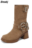 High Heels Women Mid Calf Boots 2023 Hot Punk Gothic Knee High Motorcycles Boots Buckle Comfy Walking Boots Autumn