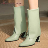 Women Genuine Leather Modern Boots Square Toe Mid Calf Boot High Heel Strange Style Ladies Shoes Autumn Winter