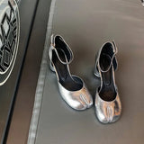 Designer Tabi ninja high heels shoes woman ankle strap silver crack leather pumps split toe D'orsay mary janes shoes