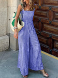 Summer Hollow Wide Leg Pants Overalls Women Retro Plaid Print Elegant Boho Jumpsuit 2022 Off Shoulder Office Backless
