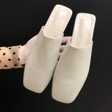 Women Mules Slippers Women Summer Flats Sandals Knit Fabric Stretch Slides Holiday Beach Shoes Square Heel Square Toe