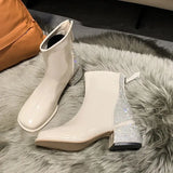 Boots Luxury Back Zipper Square Head Black Square Heel Crystal Shiny Shoes for Women Fashion High Heel Botas De