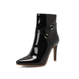 High Heels Boots Women Ankle 2023 New Glossy Patent Leather Stilettos Pointed Toe Cross Bandage Zip Plus Size 34-50