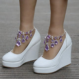 Queen Ankle Strap Wedges Pumps Large Size Bridal Women Rhinestone Platform Shoes Mary Jane High