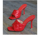 NEW Sexy PU Diamond Square Head Peep Toe High Heel Sandals Summer Fashion Slip On Thin Heels Slides Women Mules