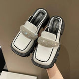 Women's Sneakers With Platform Shoes Thick Sole 2023 Casual Leather Low Fabric Mules Rubber Concise Square Toe Rome
