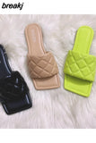 Size 35-41 Slippers Women Flat Square Toe Slides Beach Flip Flops Fashion Embroidery Sandal Gingham Slipper Apple Green