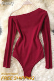 Shoulder Long Sleeve Basic Bodysuit Top Solid Rib Knit Slim Fit Stretch Spring Autumn Women Sexy Skinny