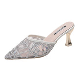 High Heels Sandals Woman Mesh Summer Shoes Women Pumps Pointed Toe Ankle Buckle Strap Ethnic Embroidery Flower