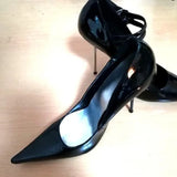 Black Patent Leather Silver Metal Heels Pumps Pointed toe Ankle Strap Stiletto Heels Dress Shoes Lady Club Dress