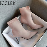Blade Heels Socks Boots Women Stretch Fabric Elastic Stilettos Heel Pointed Toe Ankle Boots Shoes Woman