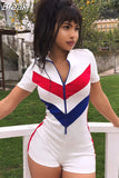 Sport Women Rompers Zipper Bodycon Jumpsuit Striped Patchwork Casual Slim Overalls Short Sleeve Streetwear