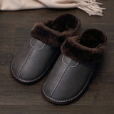 Men Slippers Black New Autumn PU Leather Slippers Warm Indoor Slipper Waterproof Home Shoes Men Warm Leather