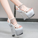 2023 New Platform Sandals Women Summer Sexy Square Heel Cross Belt High Heels 17cm Bling Ladies Strip Pole Dance